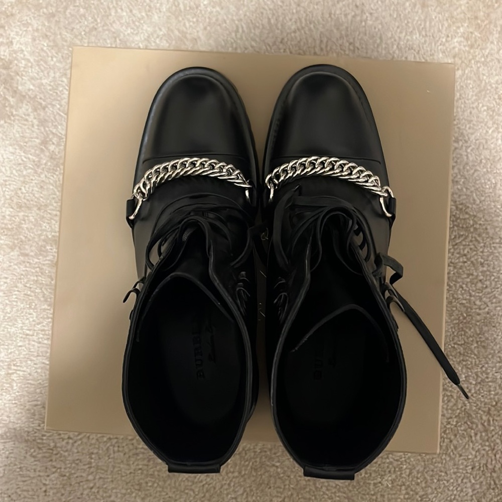 Burberry London Black Leather Combat Boots with Silver Chain - Picture 8 of 8